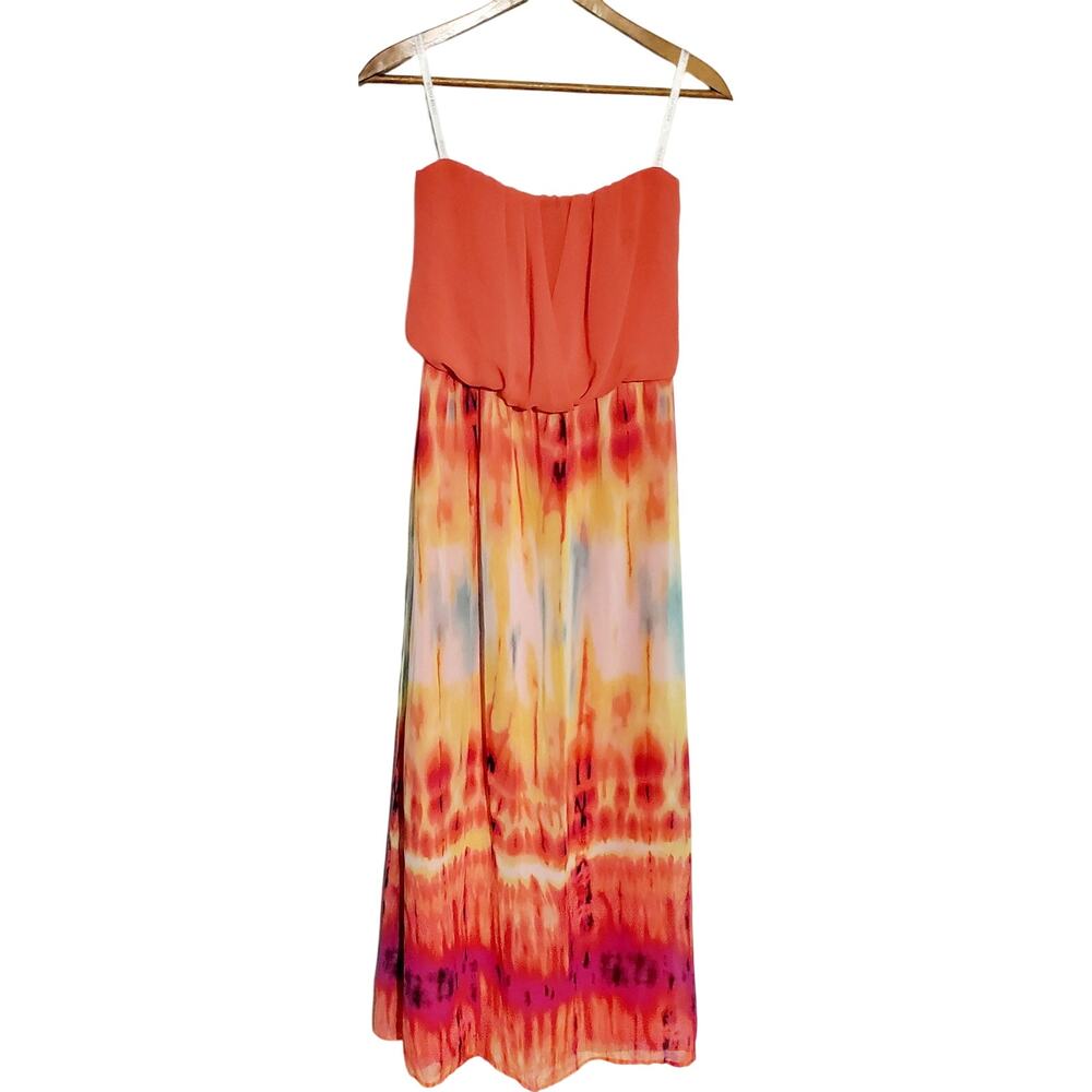 😺 Bisou Bisou Womens Coral Print Bandeau Flowy Maxi Dress Size 6 Wedding Beachy